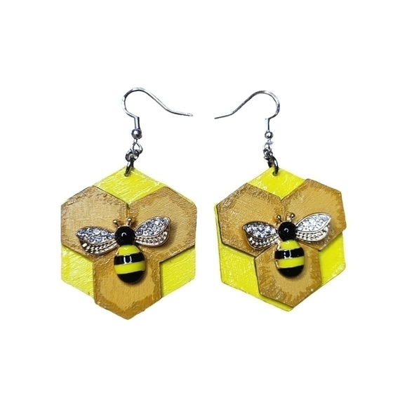 Handcrafted Enamel Bee and Honeycomb Earrings - Picture 3 of 3